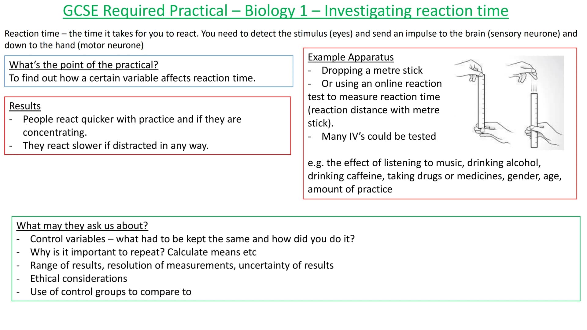 GCSE Required Practical - Biology 1 - Investigating reaction time
Reaction time - the time it takes for you to react. You need to detect the