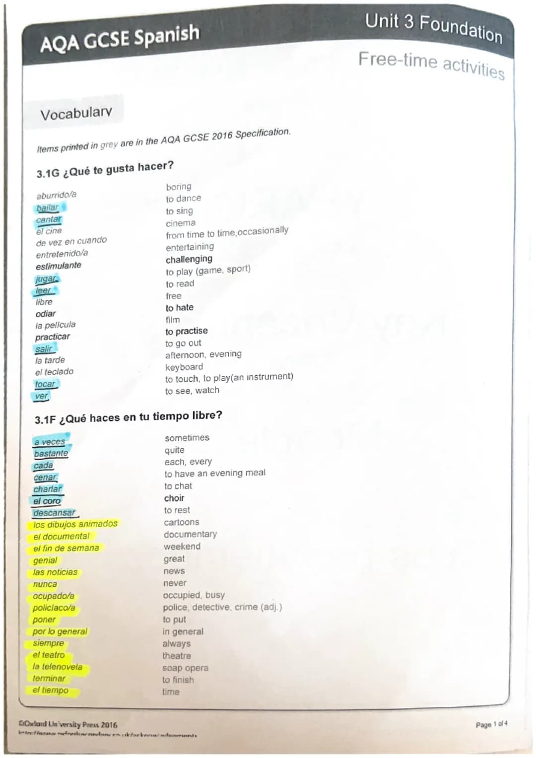 AQA GCSE Spanish
Vocabulary
Items printed in grey are in the AQA GCSE 2016 Specification.
3.1G ¿Qué te gusta hacer?
aburrido/a
bailar
cantar
