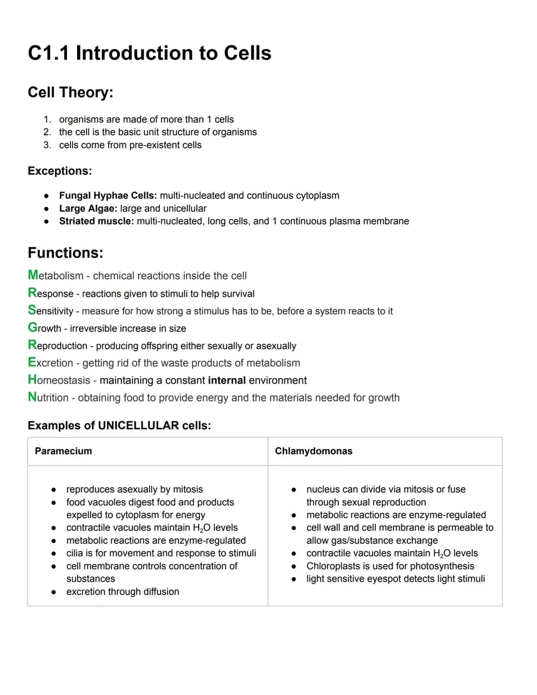 C1.1 Introduction to Cells
Cell Theory:
1. organisms are made of more than 1 cells
2. the cell is the basic unit structure of organisms
3. c