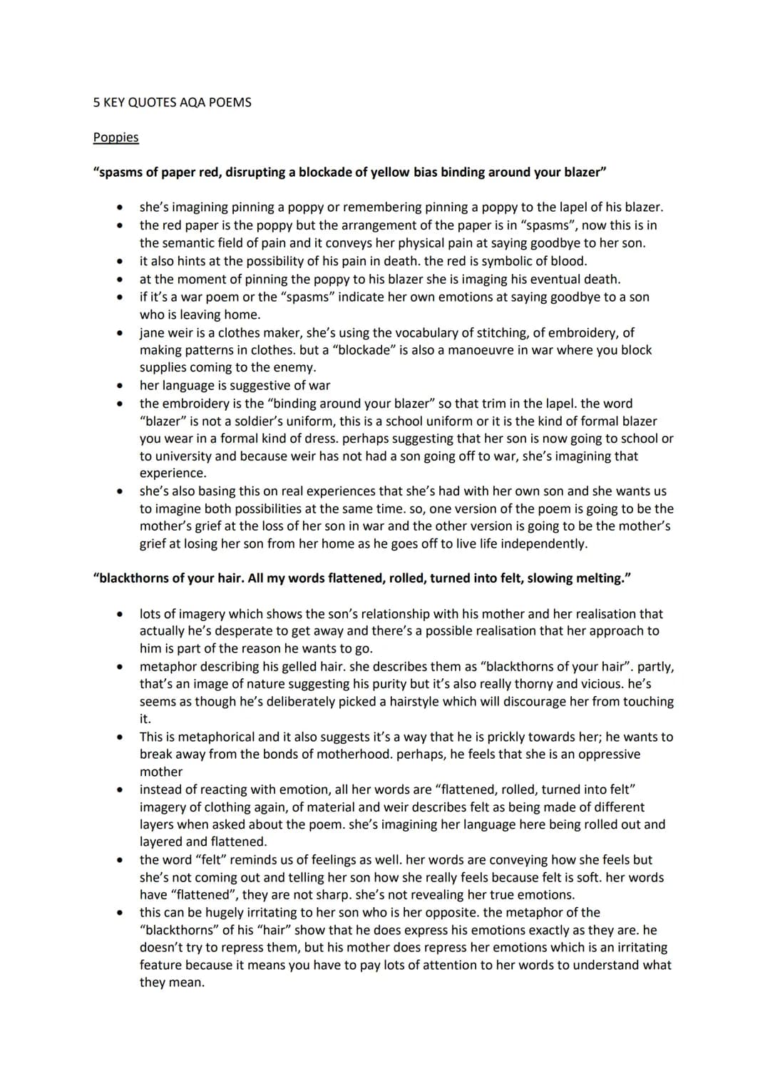 5 KEY QUOTES AQA POEMS
Poppies
"spasms of paper red, disrupting a blockade of yellow bias binding around your blazer"
she's imagining pinnin