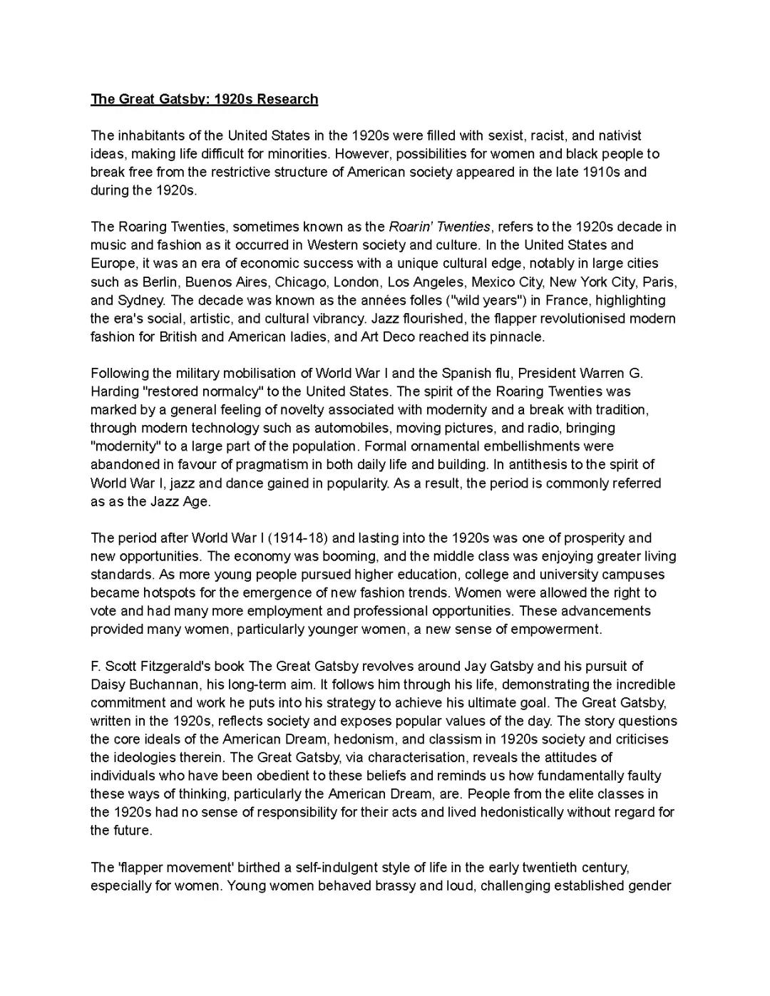 The Great Gatsby: 1920s Research