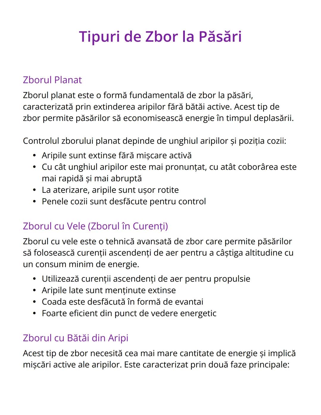 # Tipuri de Zbor la Păsări

Zborul Planat

Zborul planat este o formă fundamentală de zbor la păsări,
caracterizată prin extinderea aripilor