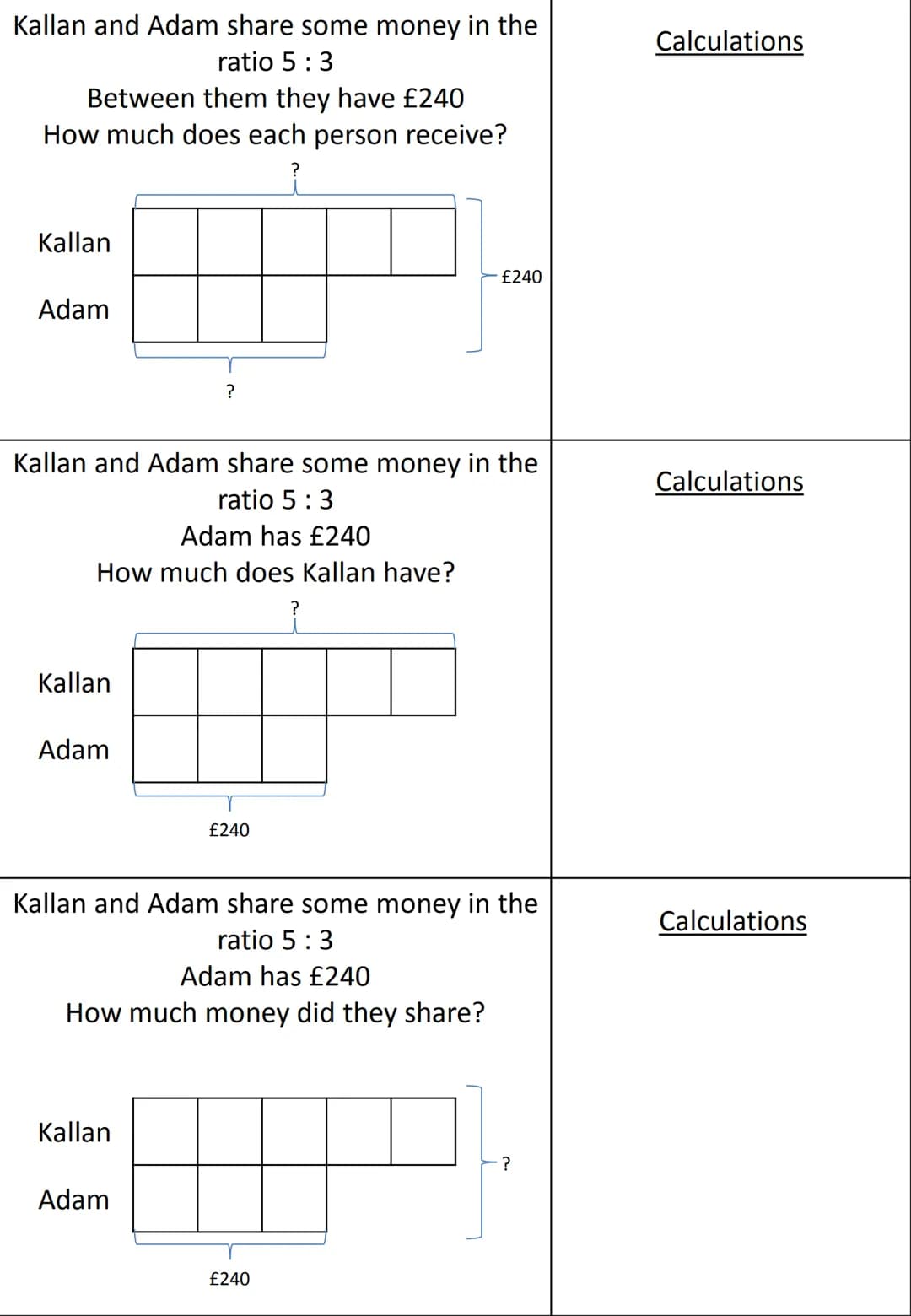 Kallan and Adam share some money in the
ratio 5 : 3
Between them they have £240
How much does each person receive?
?
Kallan
Adam
Kallan and 