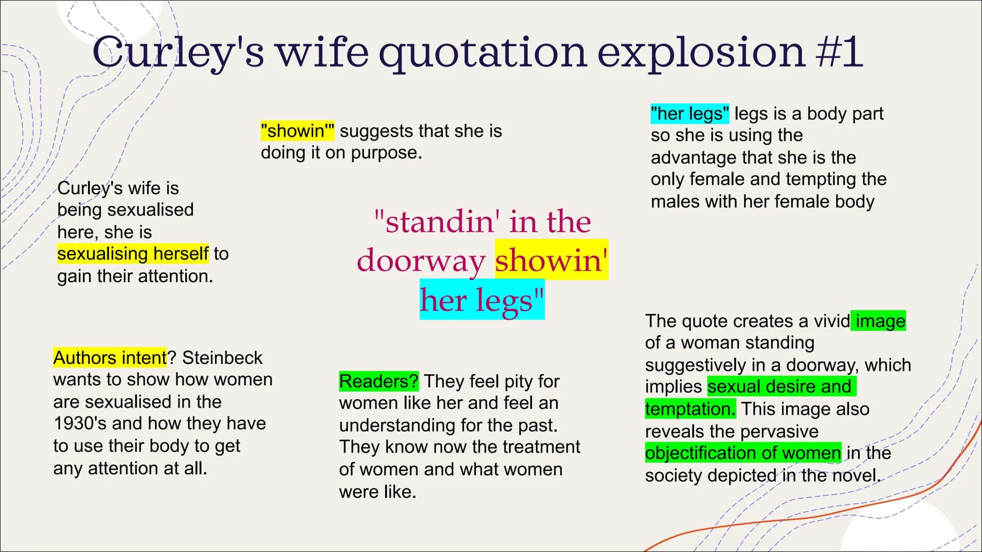 Of Mice And Men
Study guide CURLEY'S WIFE
How is she presented?
As flirty, troublesome, "no piece of jail bait
worse than her"
Others on the