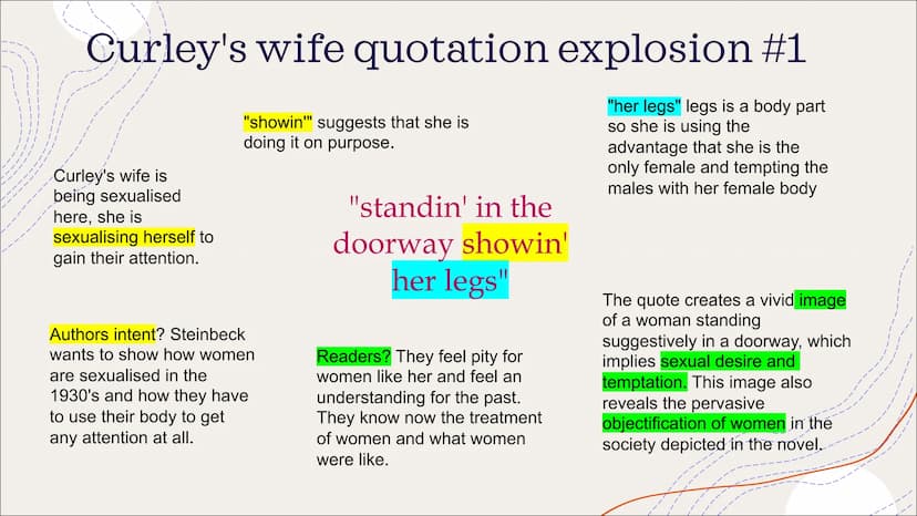 Of Mice And Men
Study guide CURLEY'S WIFE
How is she presented?
As flirty, troublesome, "no piece of jail bait
worse than her"
Others on the