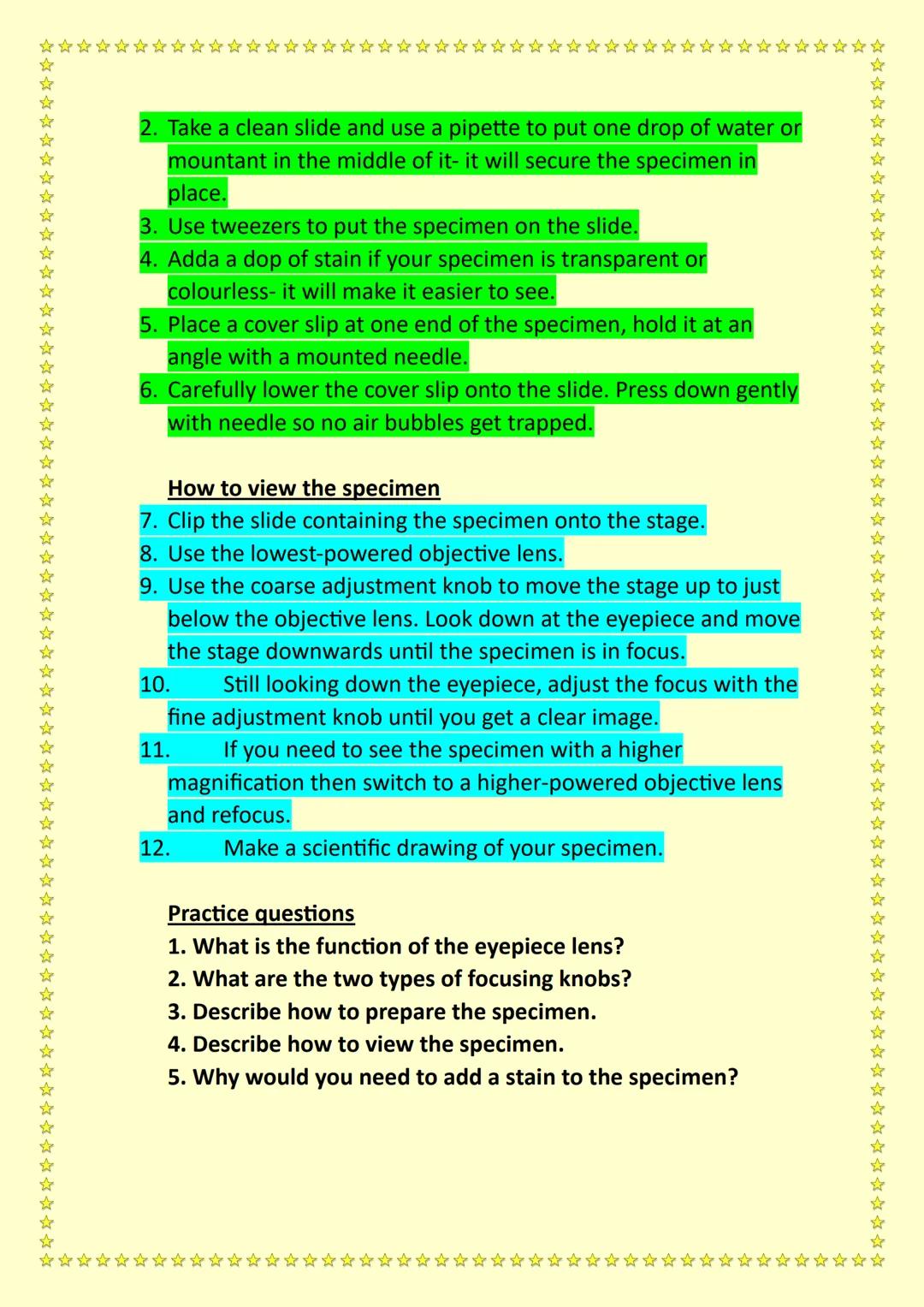 ☆☆☆
☆
☆
☆
☆
☆☆
### GCSE- Combined Science
### Notes 4) Biology- Light Microscopy

Eyepiece

Coarse focus

Objective lenses

Fine focus

Stag