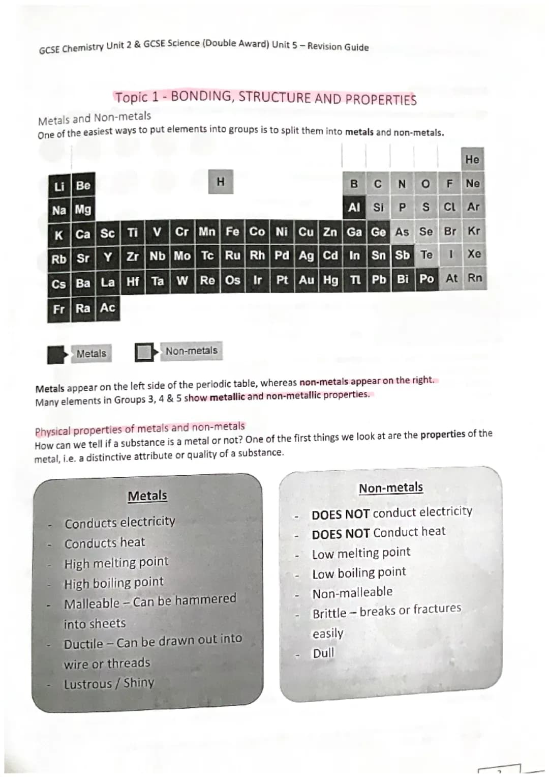 GCSE Chemistry Unit 2 & GCSE Science (Double Award) Unit 5-Revision Guide
Topic 1 - BONDING, STRUCTURE AND PROPERTIES
Metals and Non-metals

