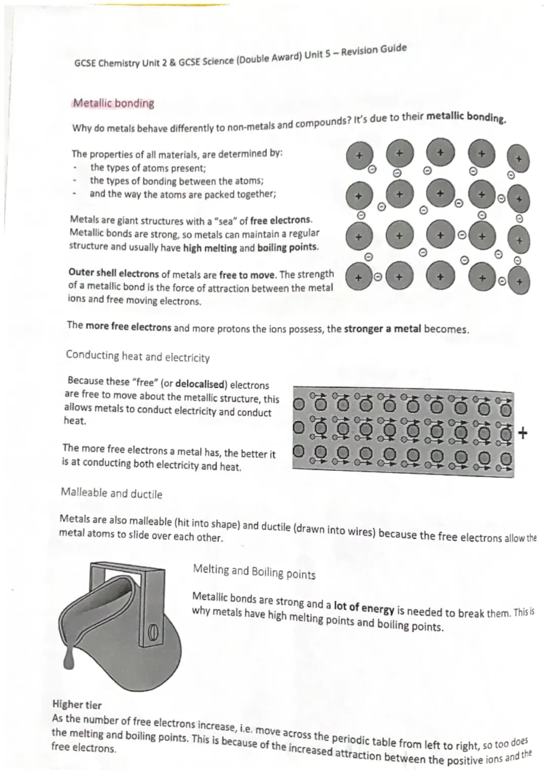 GCSE Chemistry Unit 2 & GCSE Science (Double Award) Unit 5-Revision Guide
Topic 1 - BONDING, STRUCTURE AND PROPERTIES
Metals and Non-metals

