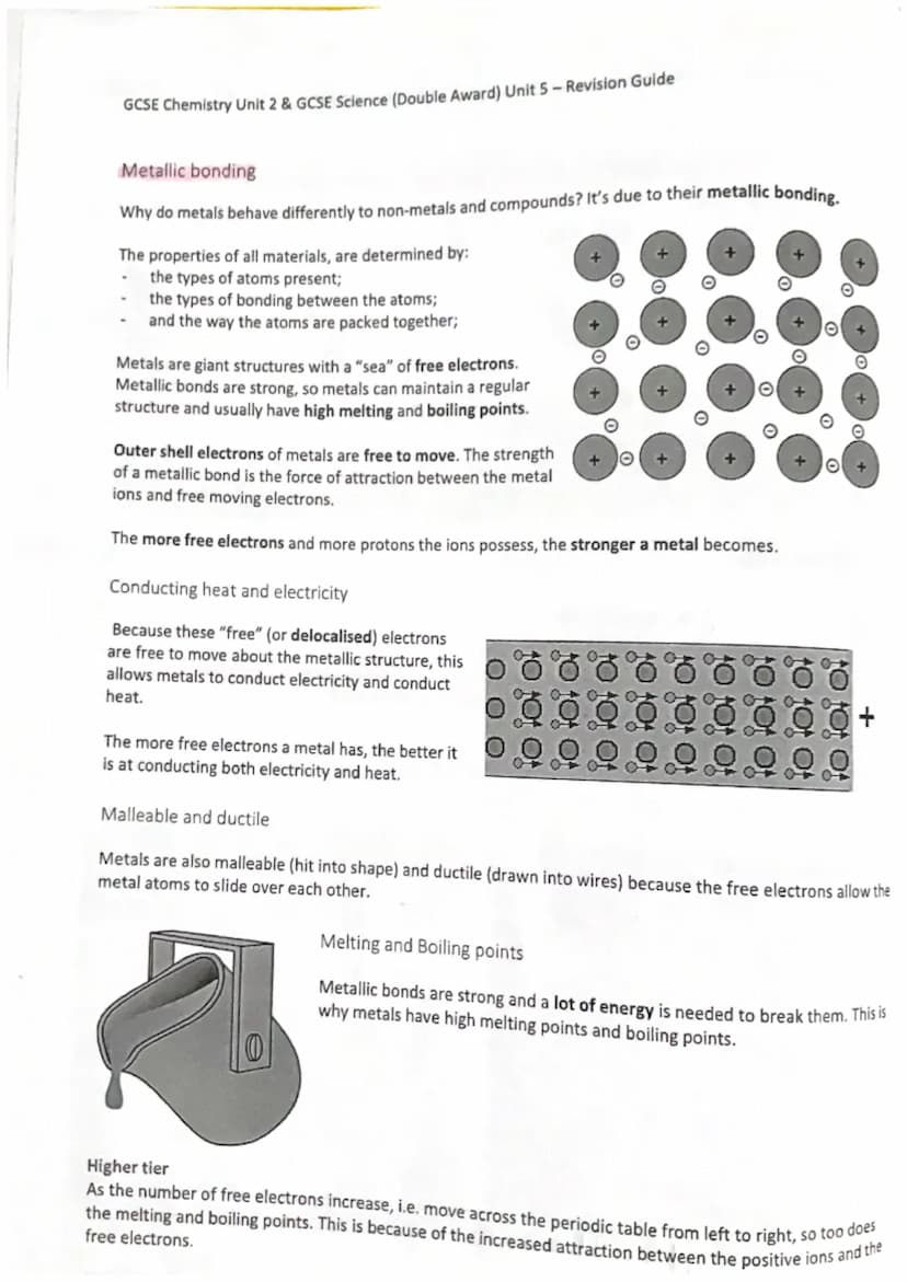 GCSE Chemistry Unit 2 & GCSE Science (Double Award) Unit 5-Revision Guide
Topic 1 - BONDING, STRUCTURE AND PROPERTIES
Metals and Non-metals
