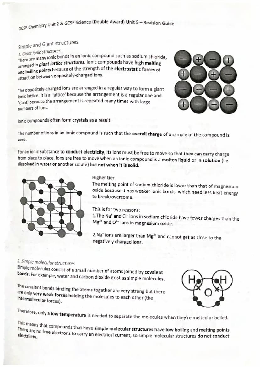 GCSE Chemistry Unit 2 & GCSE Science (Double Award) Unit 5-Revision Guide
Topic 1 - BONDING, STRUCTURE AND PROPERTIES
Metals and Non-metals
