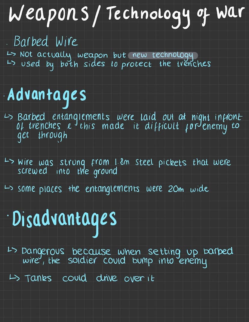 Technology
Old
L> Artillery
L> Machine
guns
L> Rifles
↳ Grenades
Weapons
New
L> Gas
L> Tanks
->
Areoplanes
↳ Barbed wire Weapons / Technolog