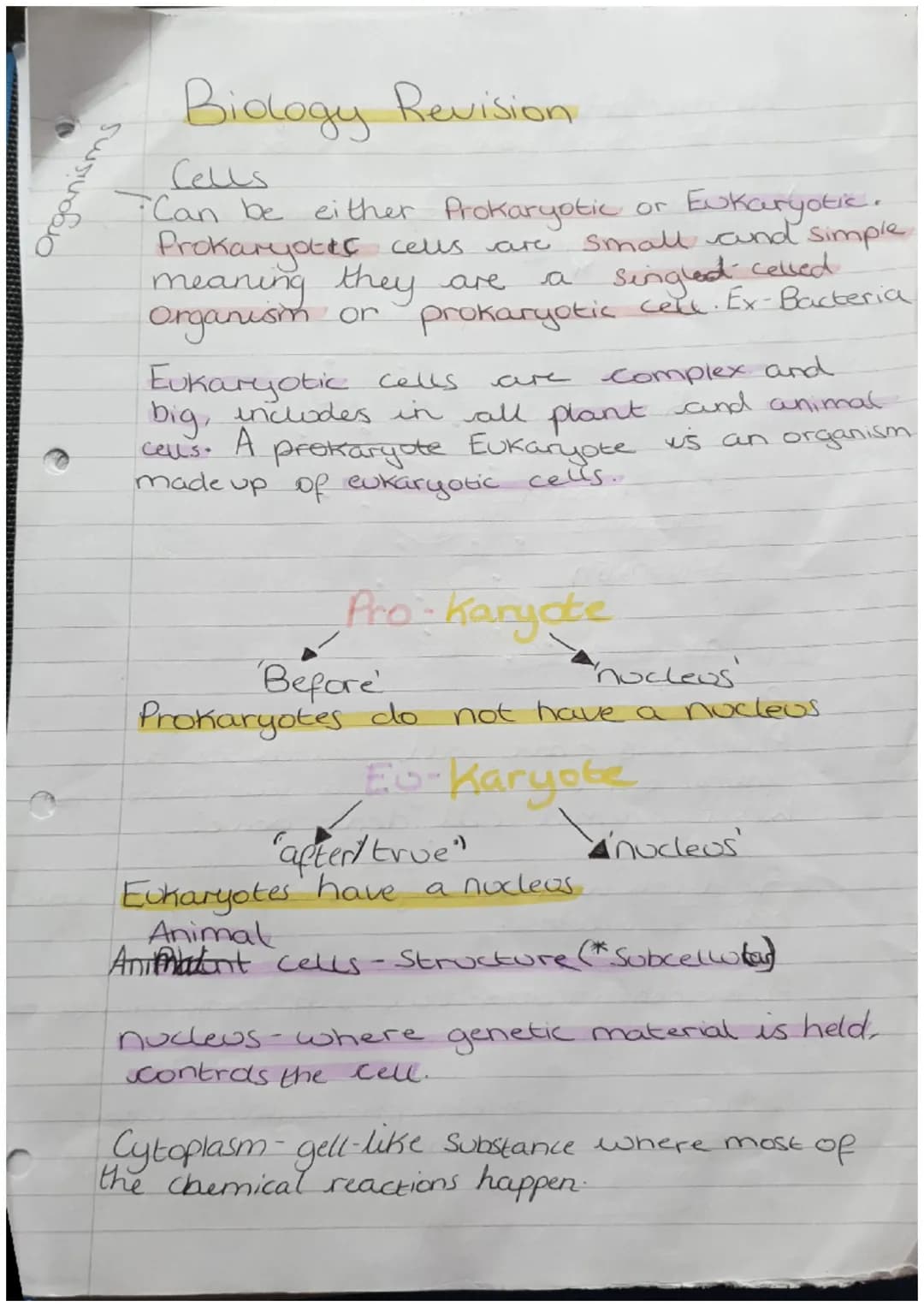 Organisms
Biology Revision
Cells
Can be either Prokaryotic.
Prokaryotes cells are
meaning they are
organism
Zor
or Eukaryotic.
Small and sim