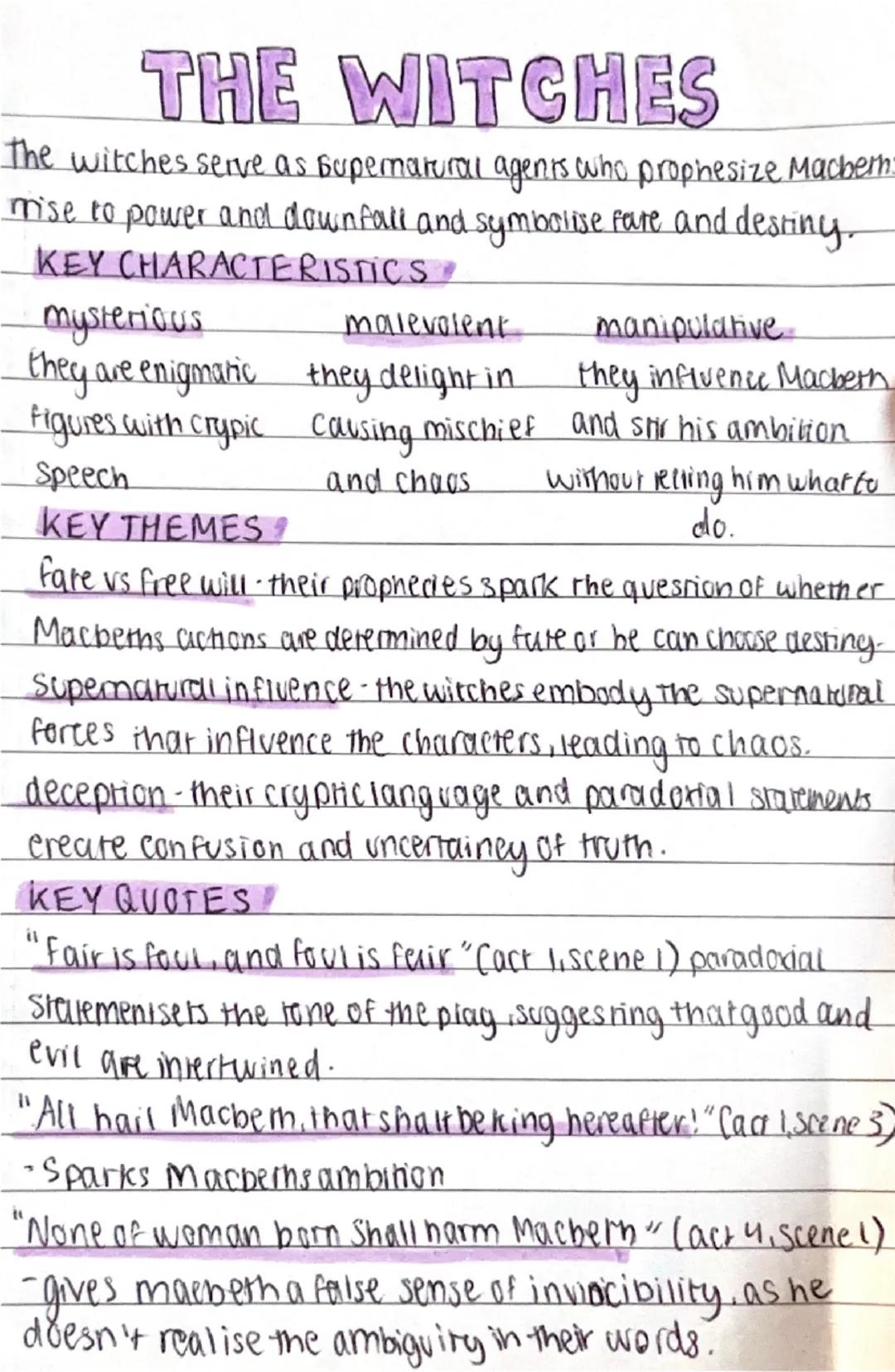 # THE WITCHES

The witches serve as supernatural agents who prophesize Macherm-
mise to power and downfall and symbolise fare and destiny.

