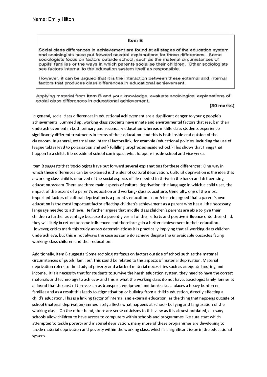 AS level SC differences example essay