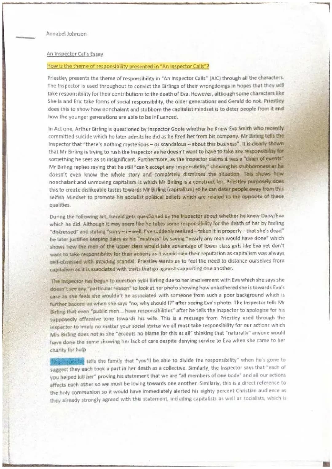 An Inspector Calls: Social Responsibility Essay for GCSE