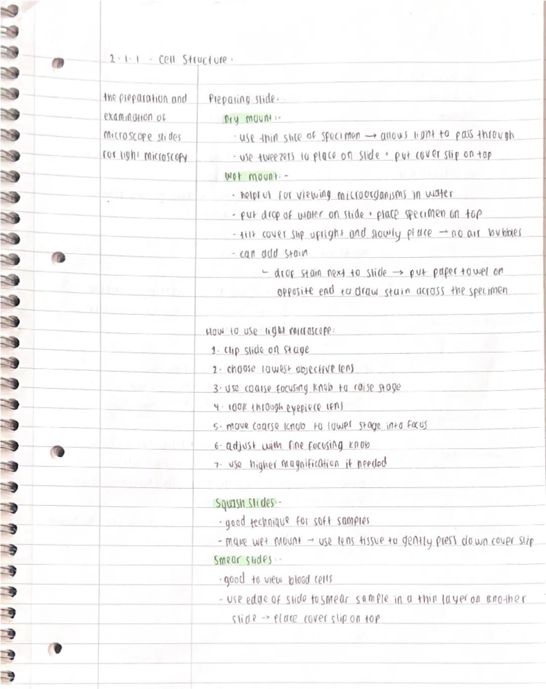 2.1.1 - Cell Structure:
the preparation and
Preparing slide.
examination of
microscope slides
for light microscopy.
Dry mount.
-use thin sli