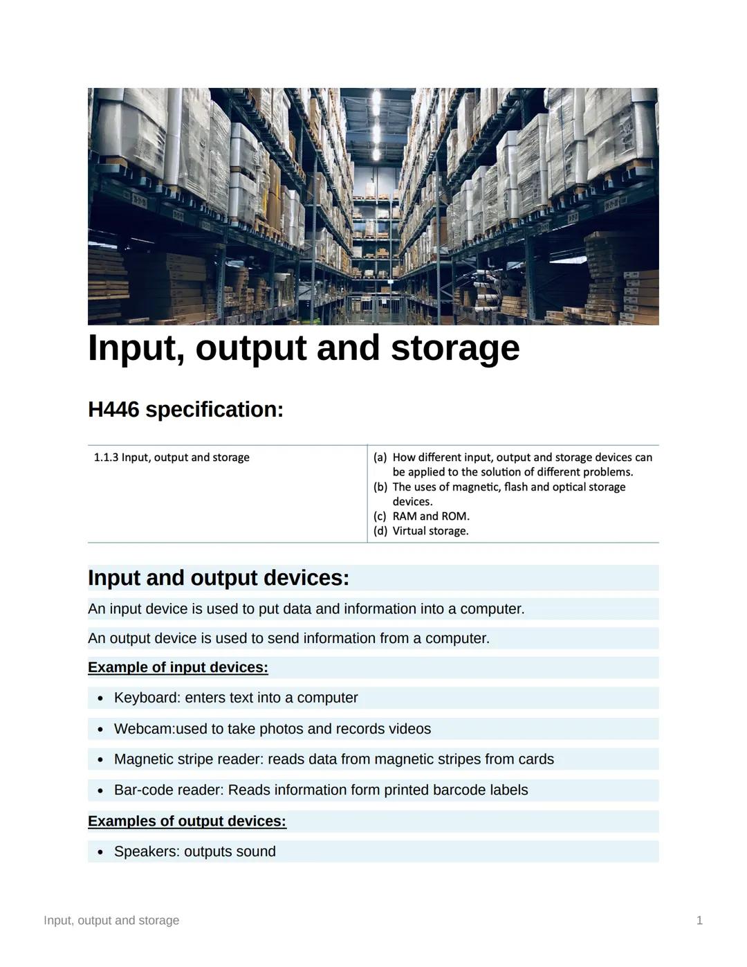 OCR CS A LEVEL SECTION 1.4: Input/Output/Storage devices