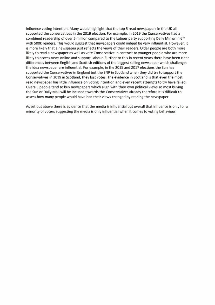 Media
(Q) To what extent and discuss is media influential on voting behaviour
Research after the 2019 election showed that around 20% of vot