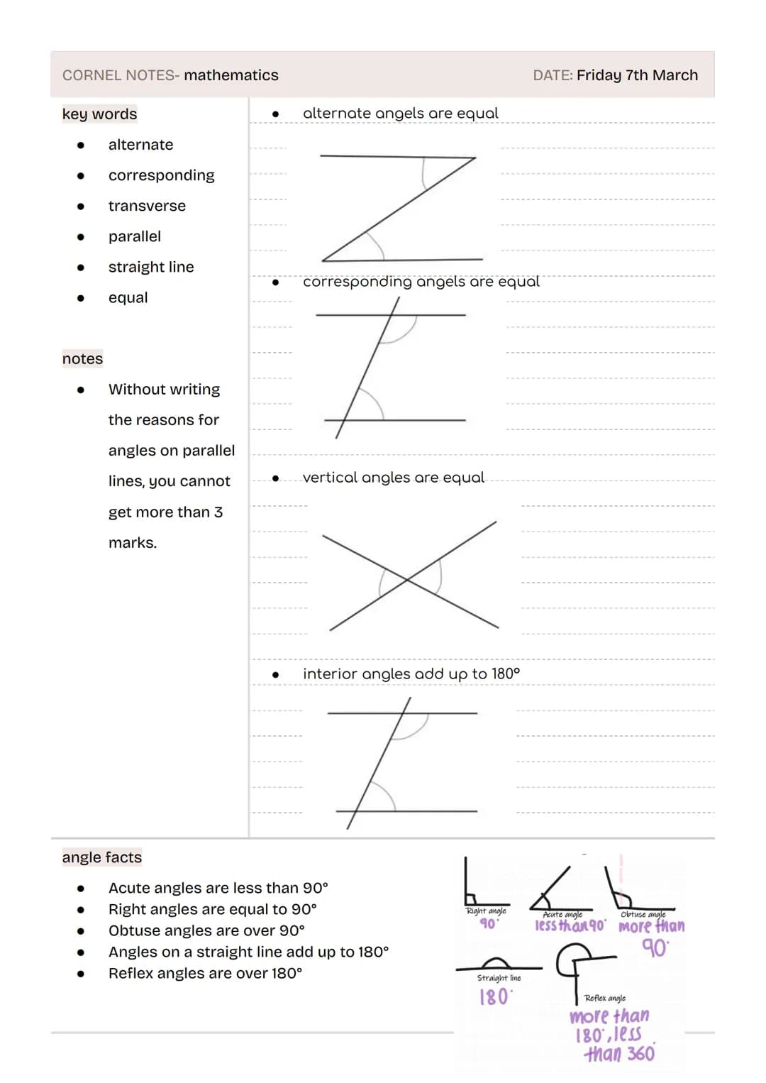 # mathematics

higher gcse
edexcel CORNEL NOTES- mathematics
DATE: Friday 7th March
key words
* alternate
* corresponding
* transverse
* par