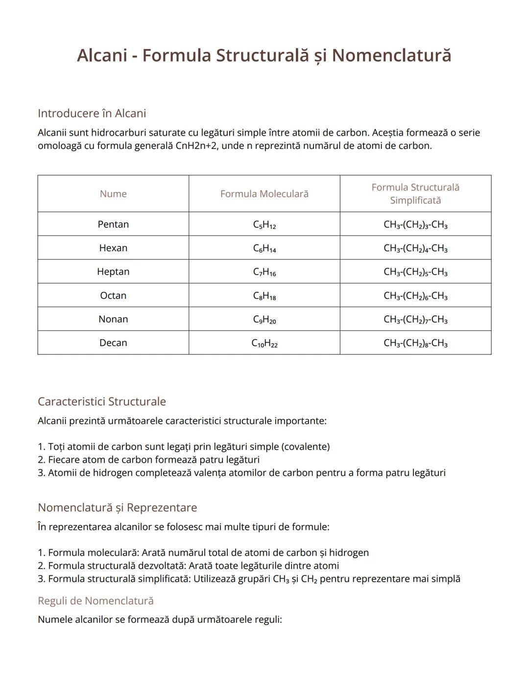 # Alcani - Formula Structurală și Nomenclatură

Introducere în Alcani

Alcanii sunt hidrocarburi saturate cu legături simple între atomii de