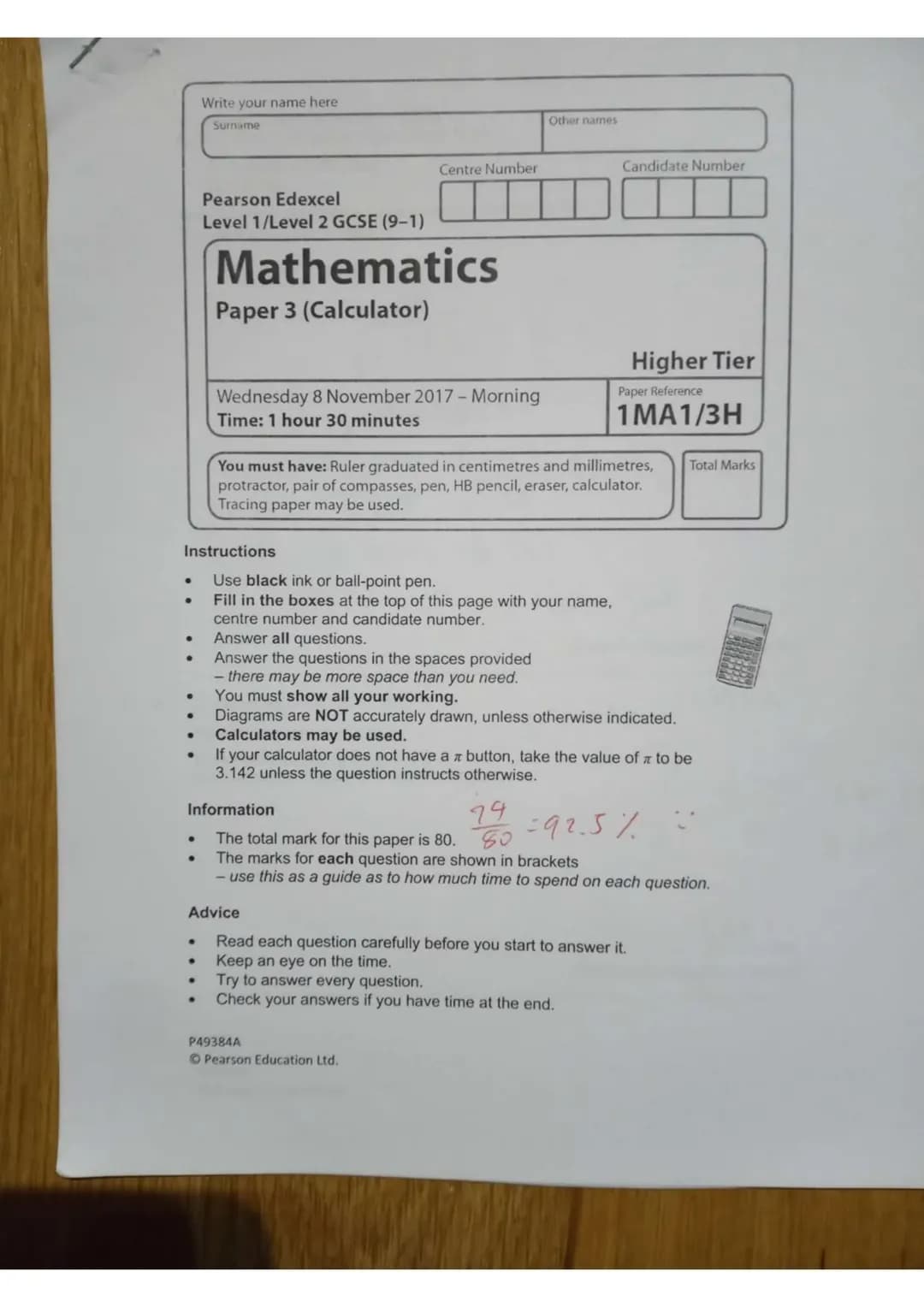 GCSE Maths - Practice Higher Calculator Paper (Answered + Marked)