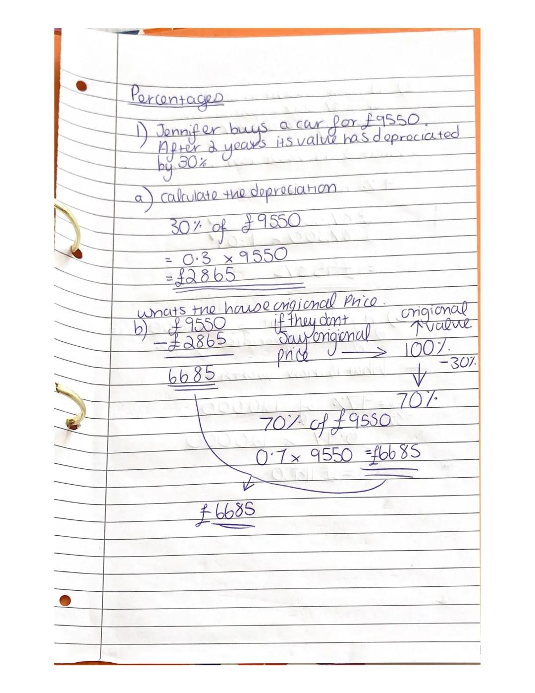 Percentages
1) Jennifer buys
After 2
by 30.
a) calculate the depreciation.
20
car for
x years its value has depreciated.
30% of £9550
0.3×95
