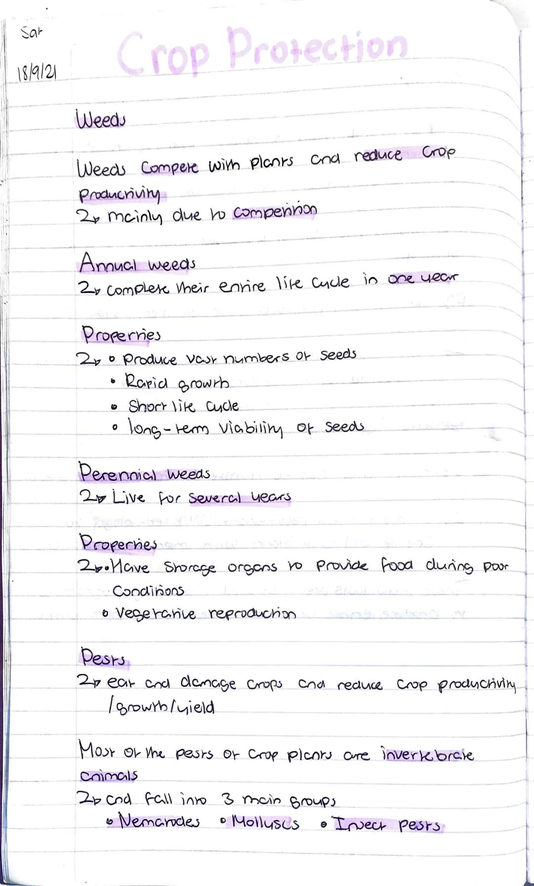 Sar
18/9/21
# Crop Protection

## Weeds

Weeds Compere with plants and reduce Grop
Productivity
2 mainly due to comperirion

## Annual weeds