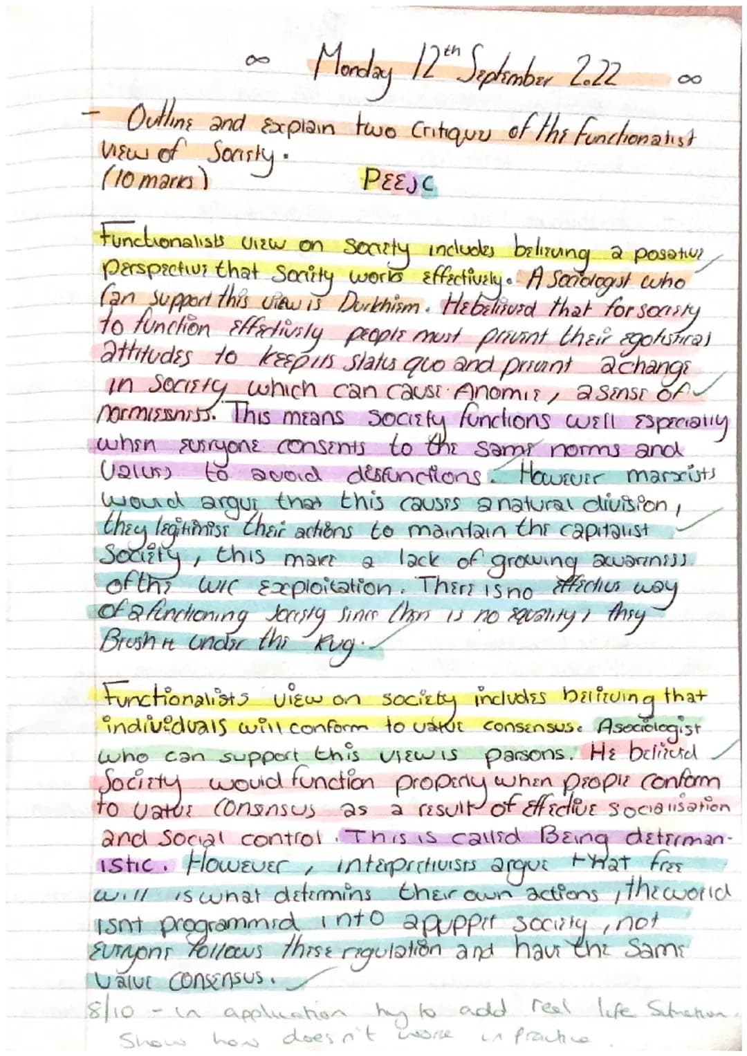 Monday 12th Septimber 2.22
- Outline and explain two critique of the functionalist
NEw of Sonisty.
(10 marks)
Ρεευ
a posative
Functionalists
