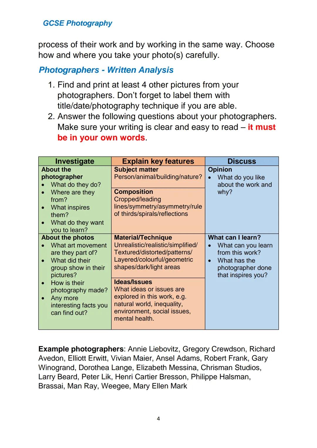 # GCSE Photography

# GCSE Photography Guide

1 GCSE Photography
Mark Scheme and Checklist
AO1 Contextual
Understanding
Develop ideas
showin