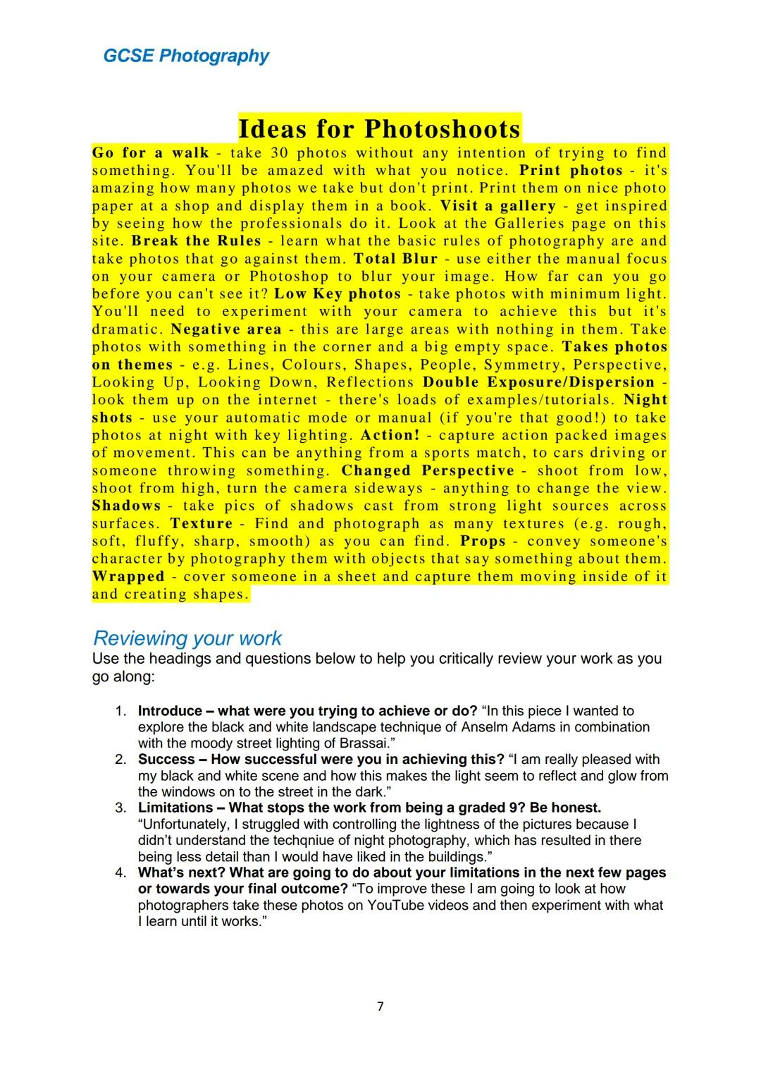 # GCSE Photography

# GCSE Photography Guide

1 GCSE Photography
Mark Scheme and Checklist
AO1 Contextual
Understanding
Develop ideas
showin