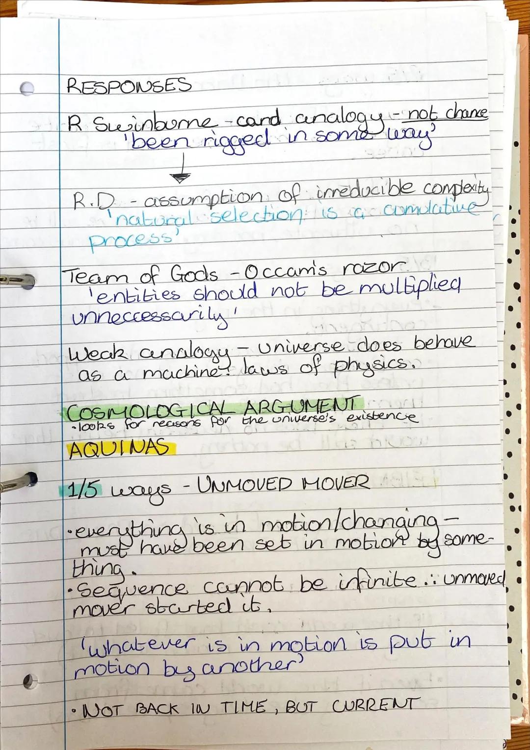 Arguments from observation.
TELEOLOGICAL ARGUMENT (looking from
end result)
AQUINAS Summa Thedogica

5/5 ways
•The natural world has an orde