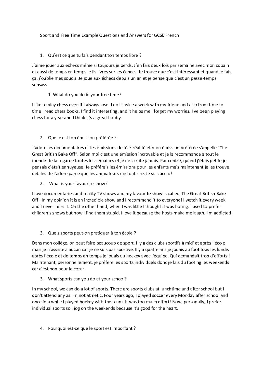Questions et Réponses sur le Sport et le Temps Libre en Français - GCSE