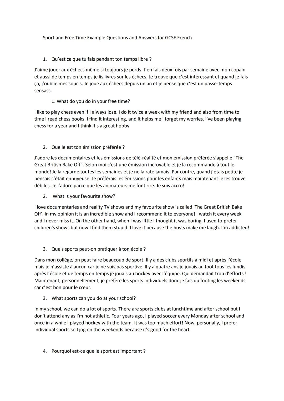 Sport and Free Time Example Questions and Answers for GCSE French
1. Qu'est ce que tu fais pendant ton temps libre?
J'aime jouer aux échecs 