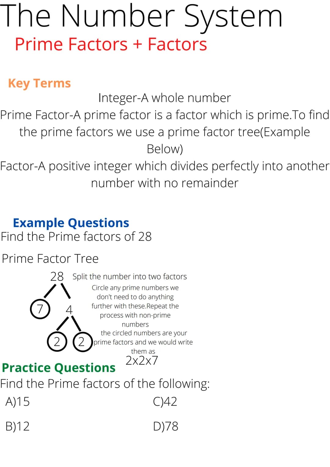 The Number System
Prime Factors + Factors
Key Terms
Integer-A whole number
Prime Factor-A prime factor is a factor which is prime. To find
t