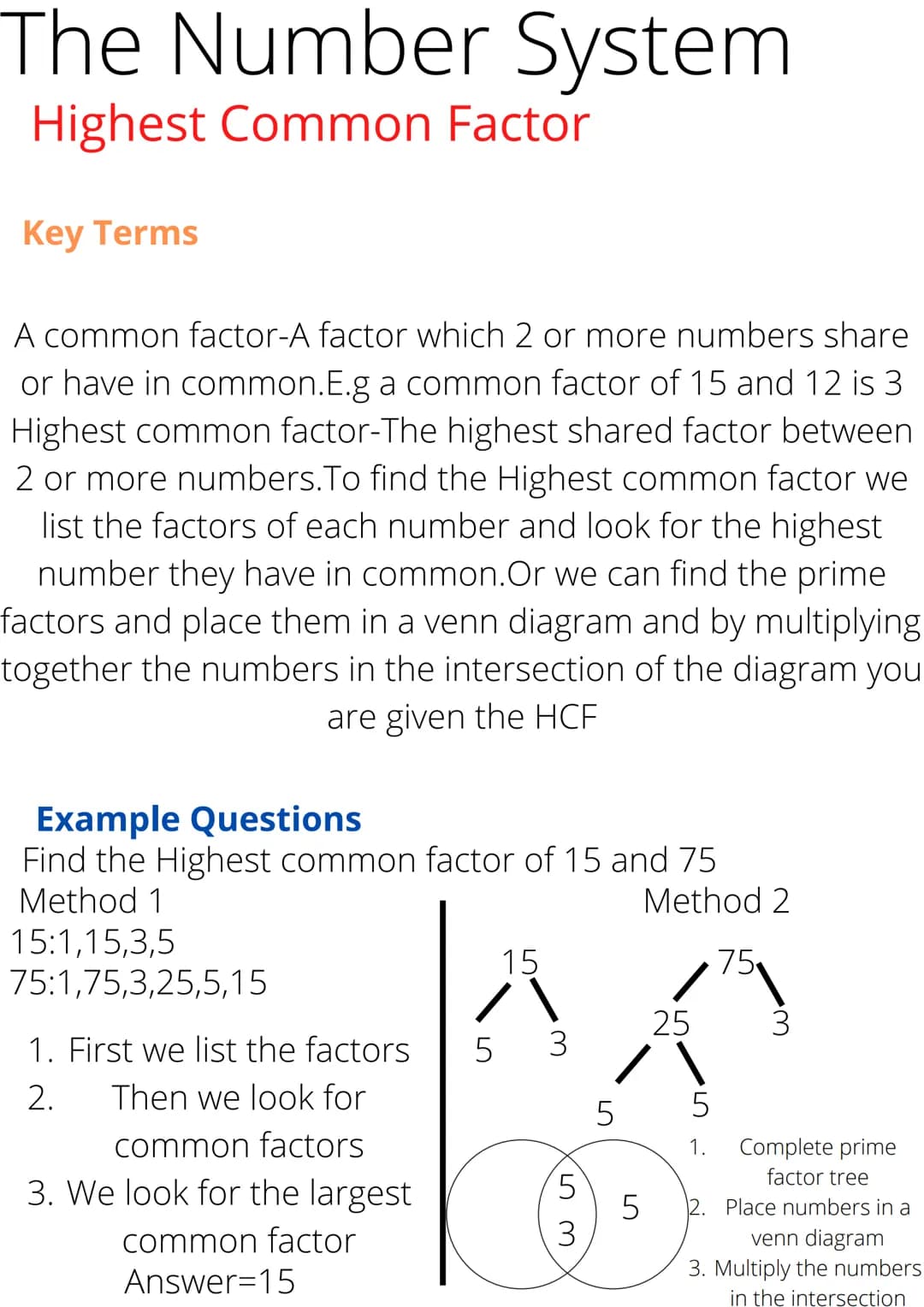 The Number System
Prime Factors + Factors
Key Terms
Integer-A whole number
Prime Factor-A prime factor is a factor which is prime. To find
t