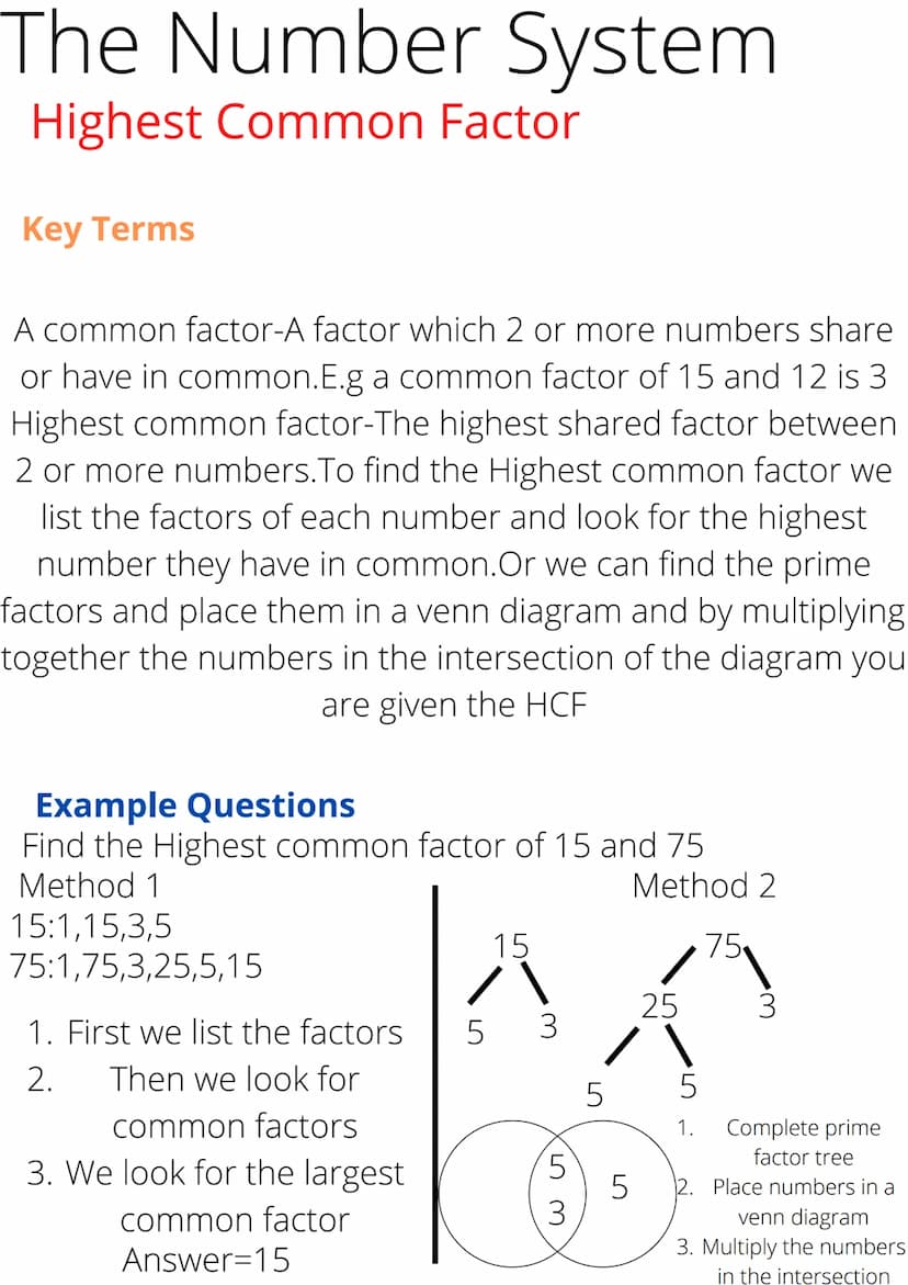The Number System
Prime Factors + Factors
Key Terms
Integer-A whole number
Prime Factor-A prime factor is a factor which is prime. To find
t