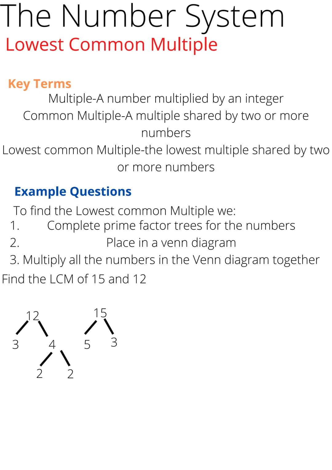 The Number System
Prime Factors + Factors
Key Terms
Integer-A whole number
Prime Factor-A prime factor is a factor which is prime. To find
t