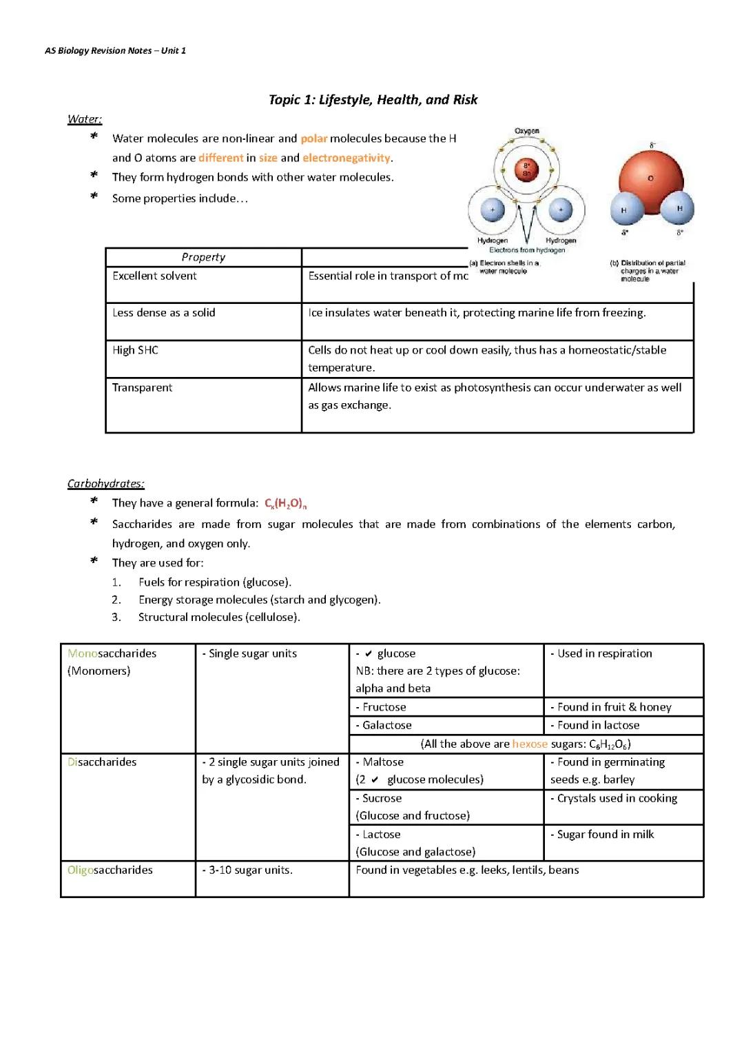 AS Biology Unit 1: Revision Notes on Lifestyle, Health Risks, and Carbohydrates (PDF)