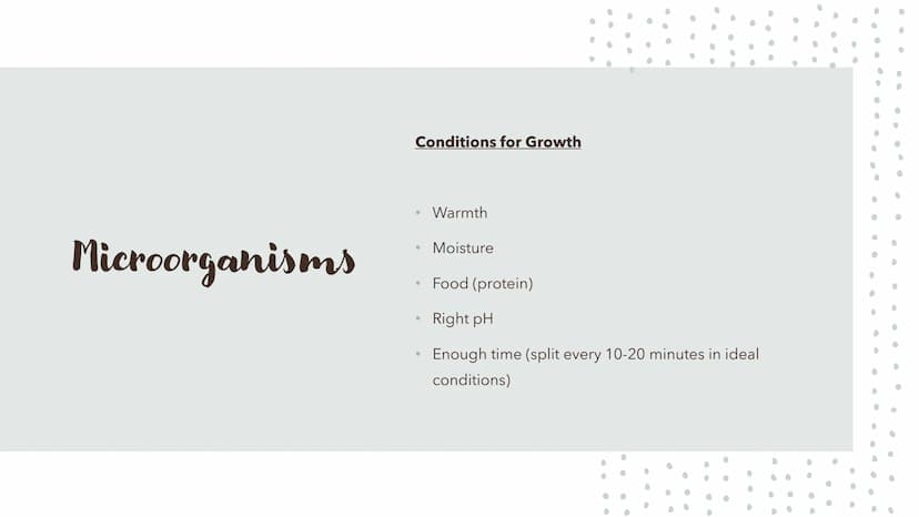 6
0
.
Food Spoilage Microorganisms
For example:
●
Bacteria
Mould
Yeast Microorganisms
Conditions for Growth
●
•
Warmth
Moisture
Food (protei
