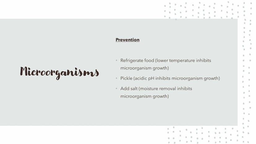 6
0
.
Food Spoilage Microorganisms
For example:
●
Bacteria
Mould
Yeast Microorganisms
Conditions for Growth
●
•
Warmth
Moisture
Food (protei