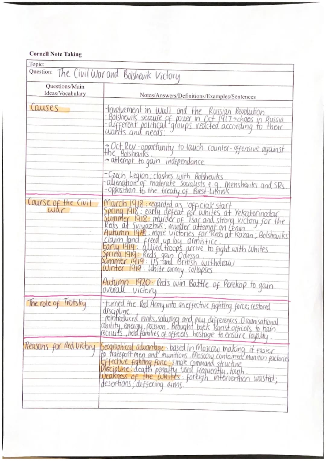 Cornell Note Taking
Topic:
Question: The Civil War and Bolshevik Victory
Questions/Main
Ideas/Vocabulary
Causes
Course
se of the
the Civil
N