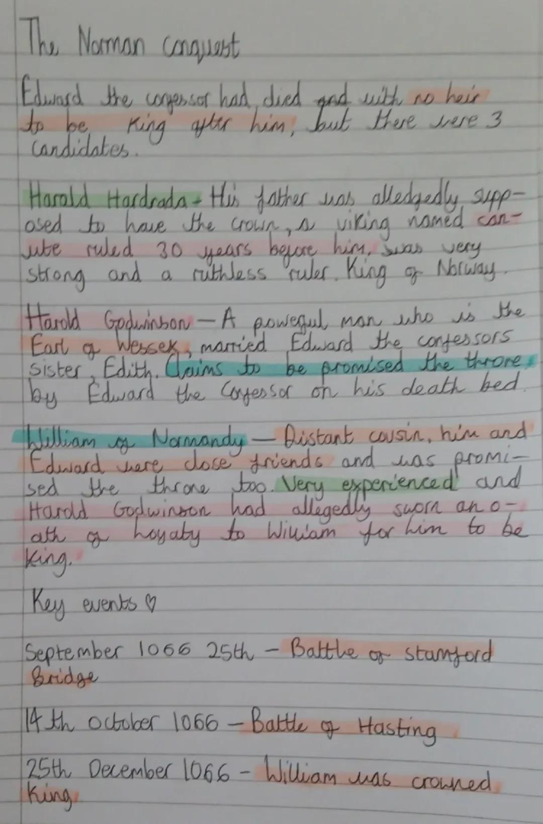 The Norman conquest
Edward the confessor had died and with no heir
to be king after him, but there were 3.
Candidates
Harald Hardrada + His 