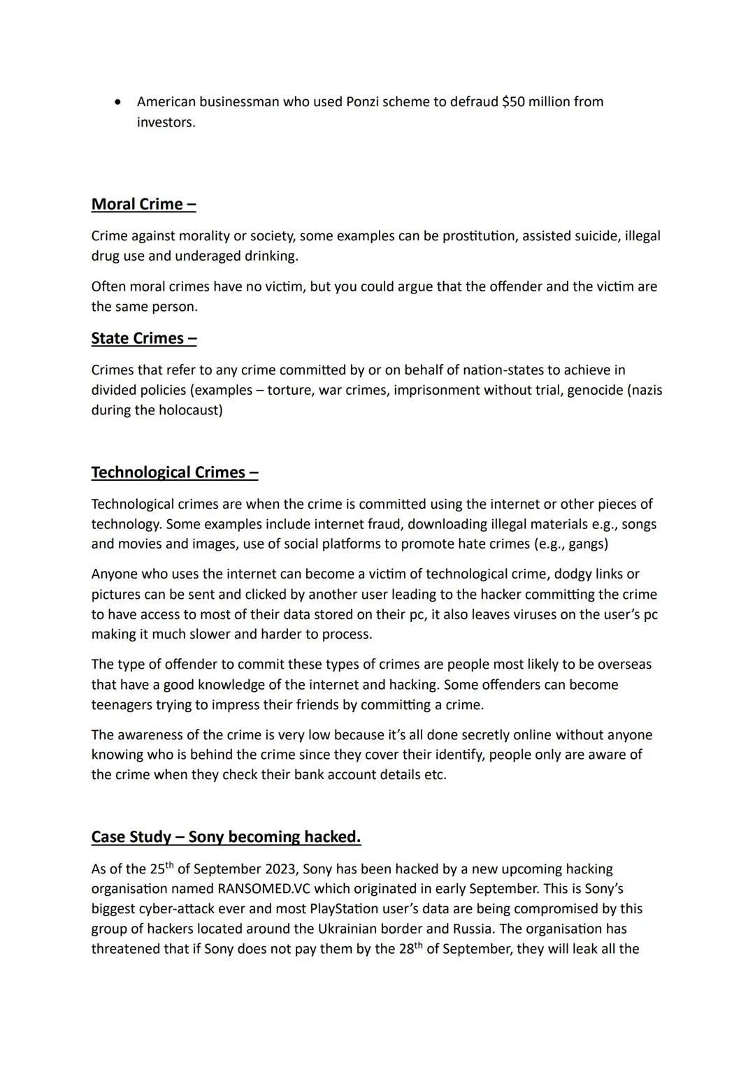 Unit 1.1- Changing Awareness of crime (Analyse different types of crime)
Criminal -
Actions that will constitute an offence under English an