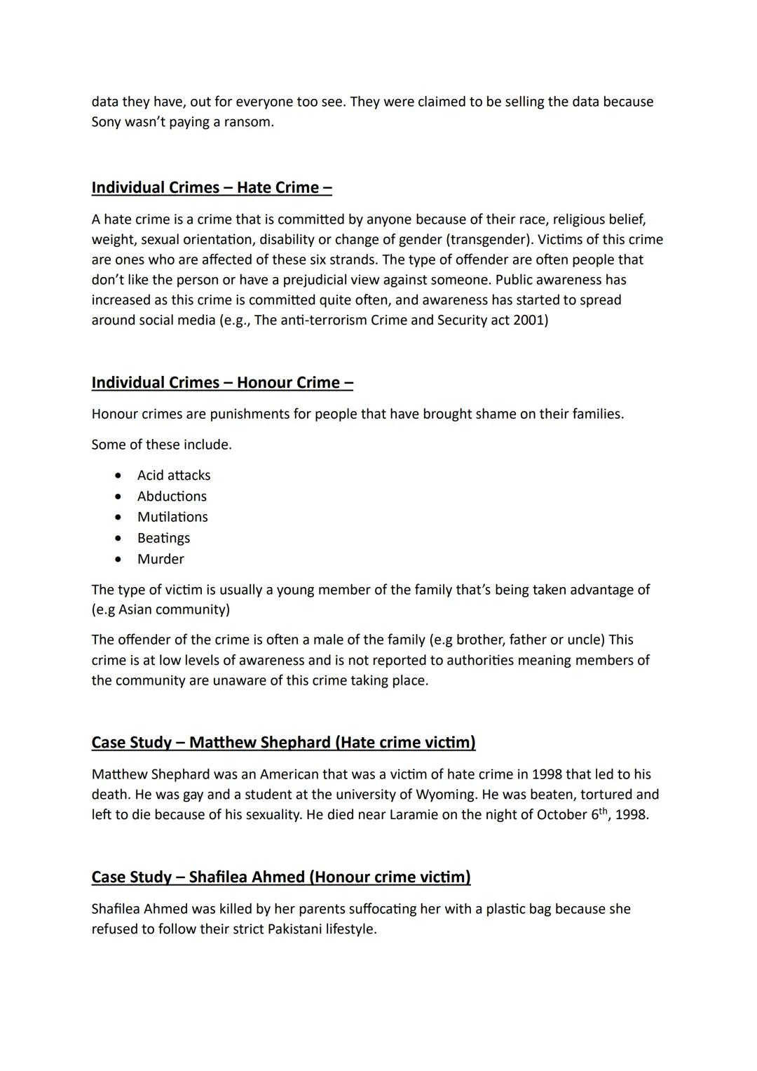 Unit 1.1- Changing Awareness of crime (Analyse different types of crime)
Criminal -
Actions that will constitute an offence under English an