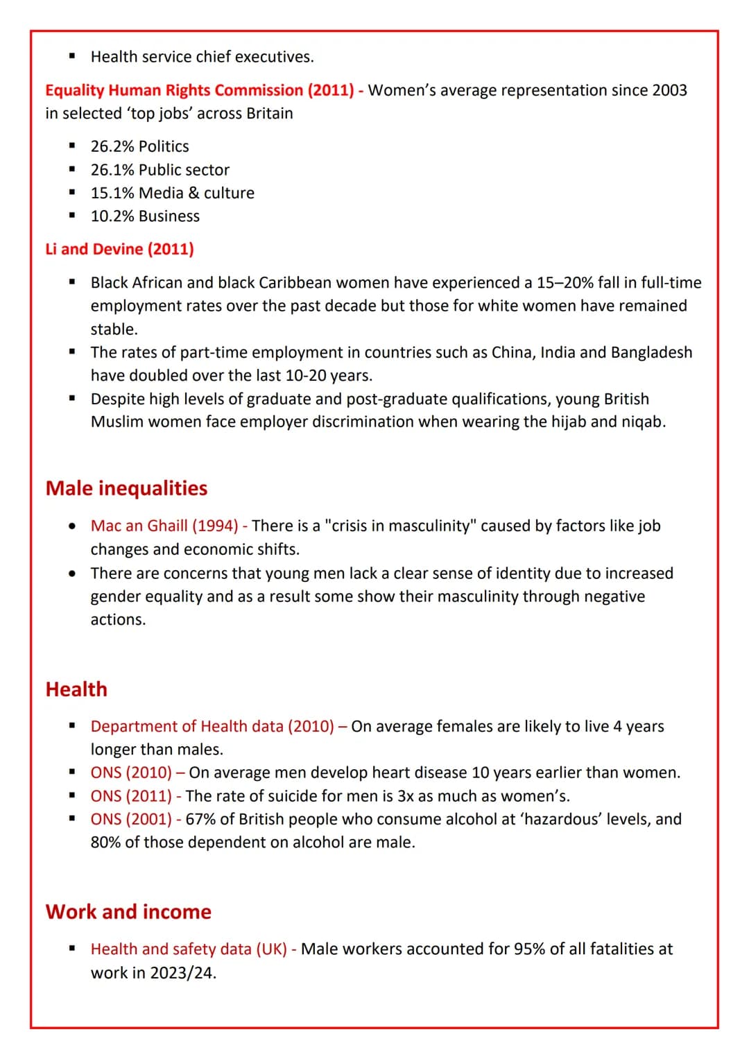 Gender Inequality - Statistics
All the statistics in these documents are from different sources, they are not written and
found through my o