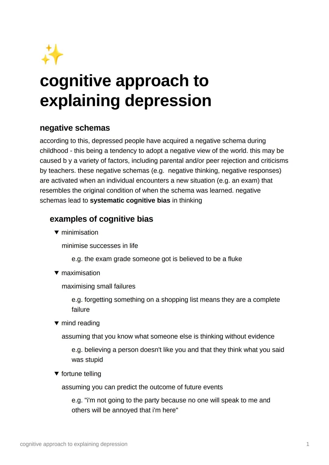 cognitive approach to explaining depression - AO1