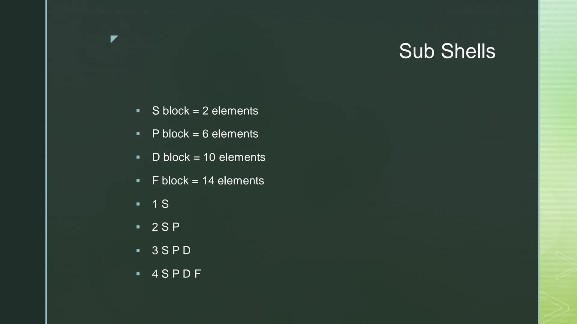 # UNIT 1

Applied
Science # UNIT 1

CHEMISTRY ## Sub Shells

- S block = 2 elements
- P block = 6 elements
- D block = 10 elements
- F block