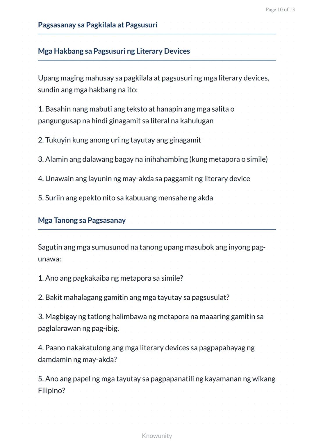 Pagkilala at Pagsusuri ng Literary Devices: Metapora at Tayutay
Pag-aaral ng mga literary devices sa panitikang
Pilipino
Mga Layuning Pang-e