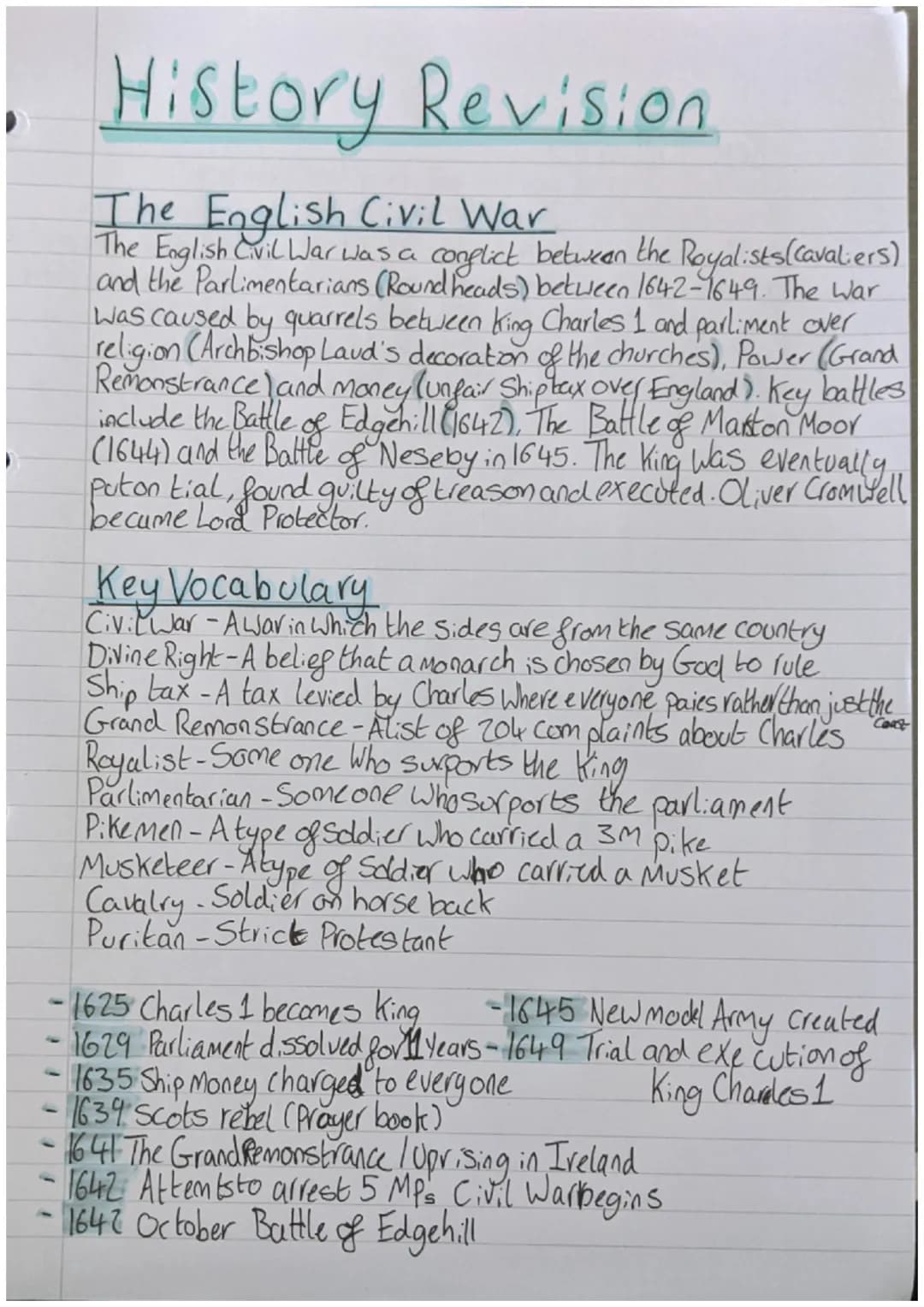 
<p>The English Civil War was a conflict between the Royalists (Cavaliers) and the Parliamentarians (Roundheads) that occurred between 1642-