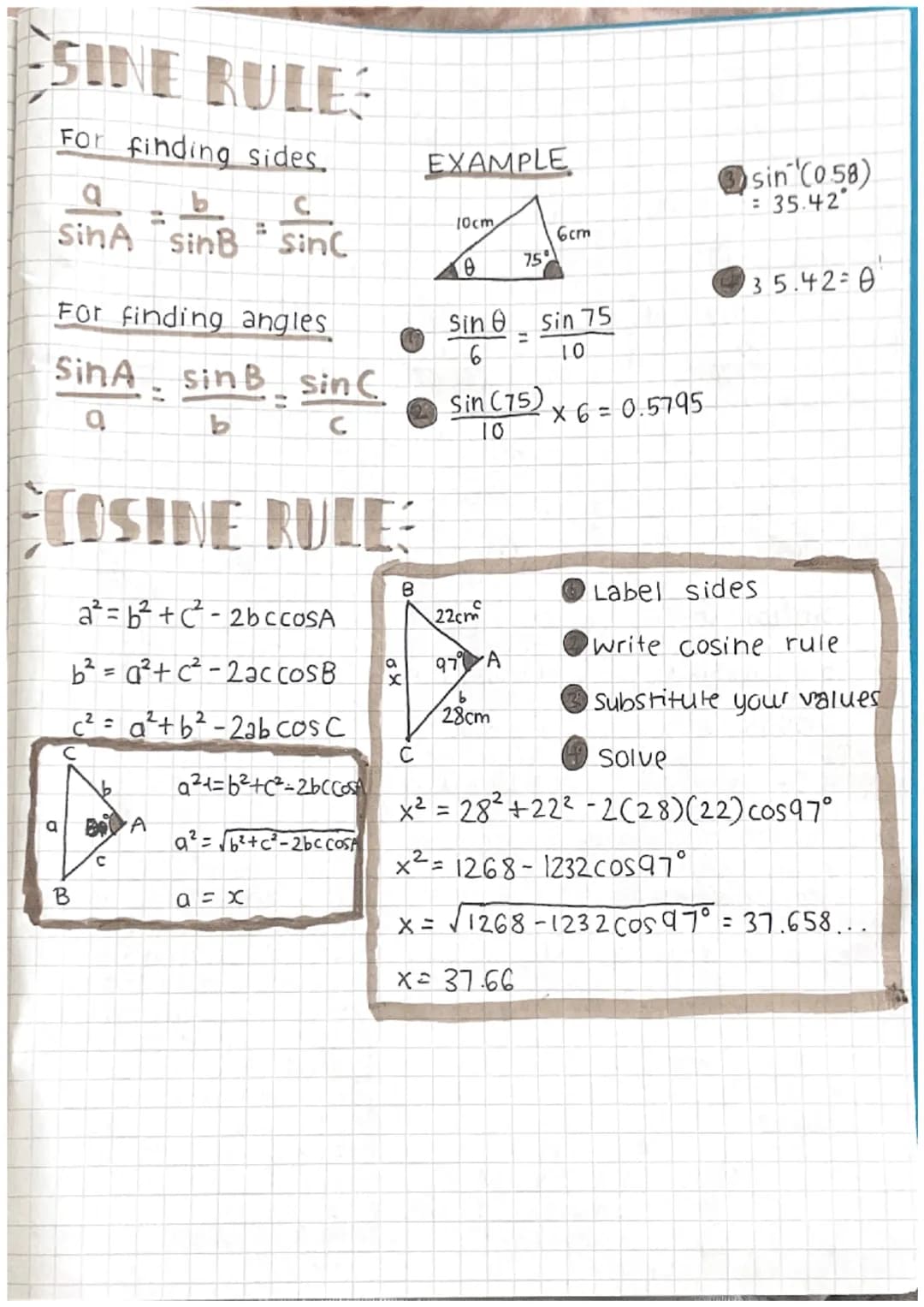 SINE RULE
For finding sides.
a
b
SinA sinB
For finding angles
SinA sinB sin C
a
C
a
COSINE RULE:
B
19
a²=b²+²-2bccOSA
b²=a²+c²-2accosB
c²=a²